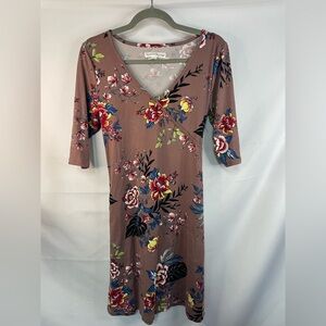 French Laundry floral dress with a taupe back ground and belt that ties in back.